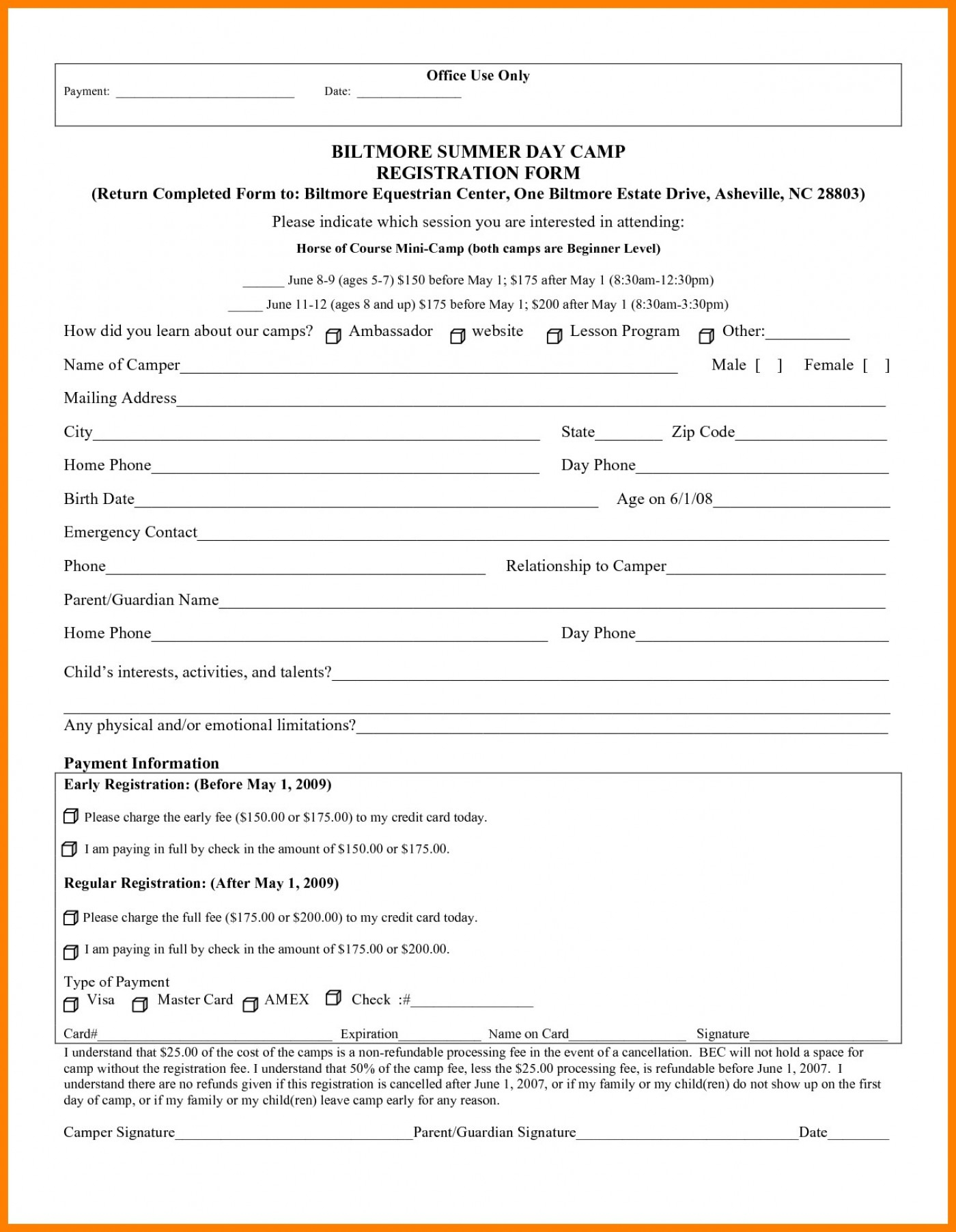 016 East Ohio Camps Summer Camp Registration Form Template Ideas - Free Printable Summer Camp Registration Forms