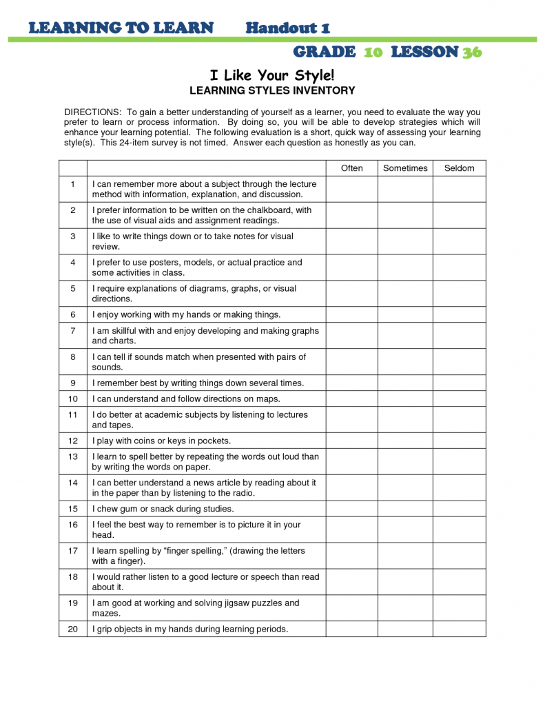 15 Best Images Of Learning Styles Worksheet Printable - Printable - Free Learning Style Inventory For Students Printable