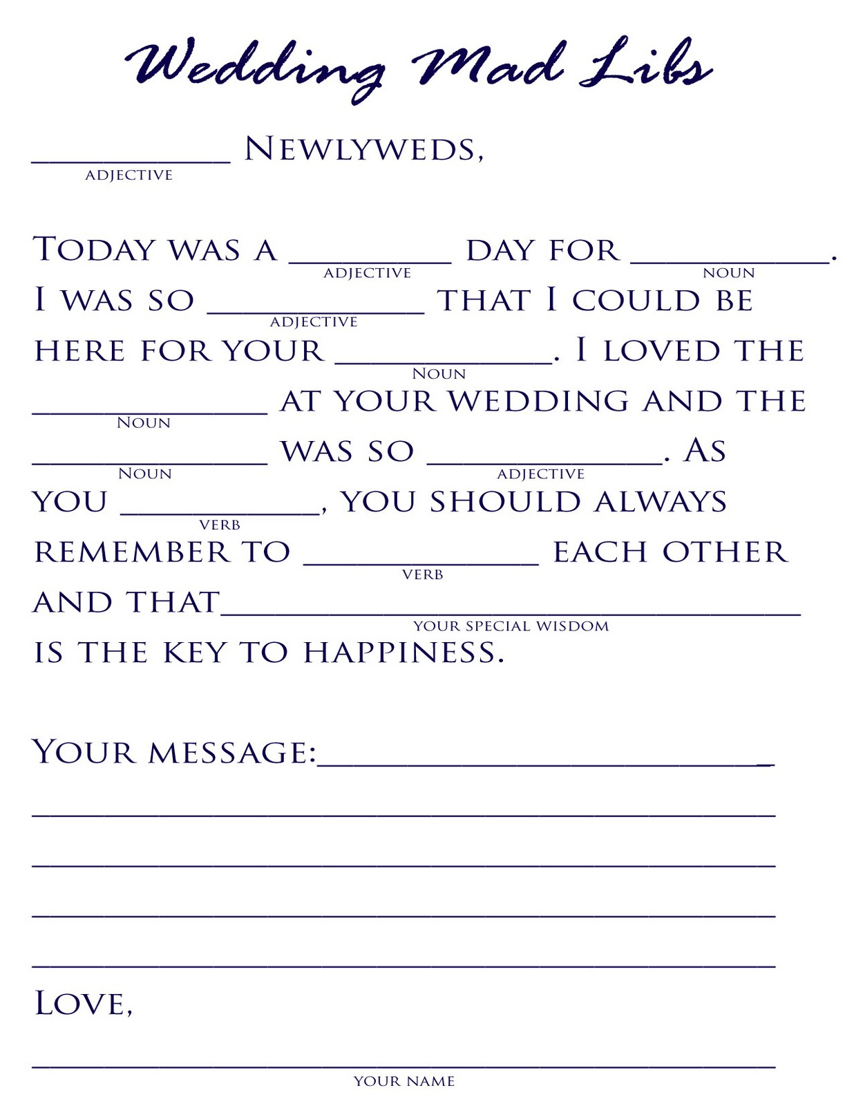 Wedding Mad Libs Free Printable