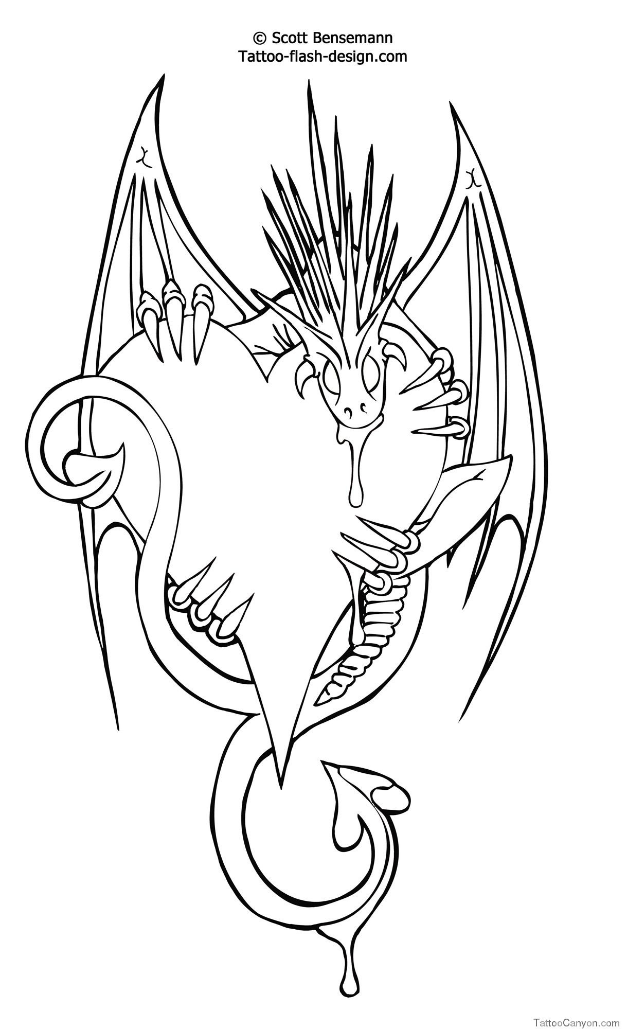 2935-Love-Heart-Dragon-Design-Free-Flash-Printable-Tattoo--Tattoo - Free Printable Flash Tattoo