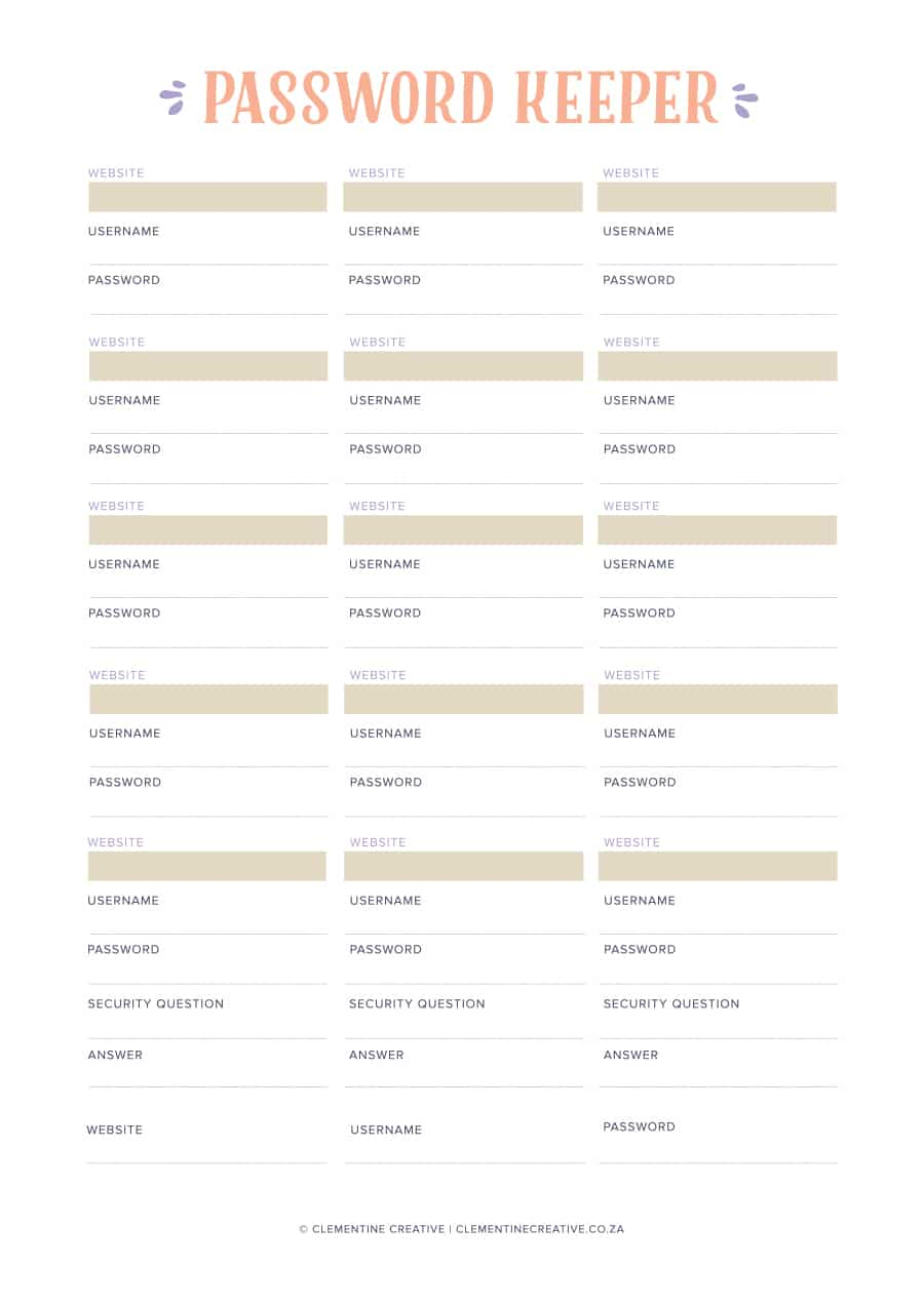 39 Best Password List Templates (Word, Excel &amp;amp; Pdf) - Template Lab - Free Printable Password Keeper