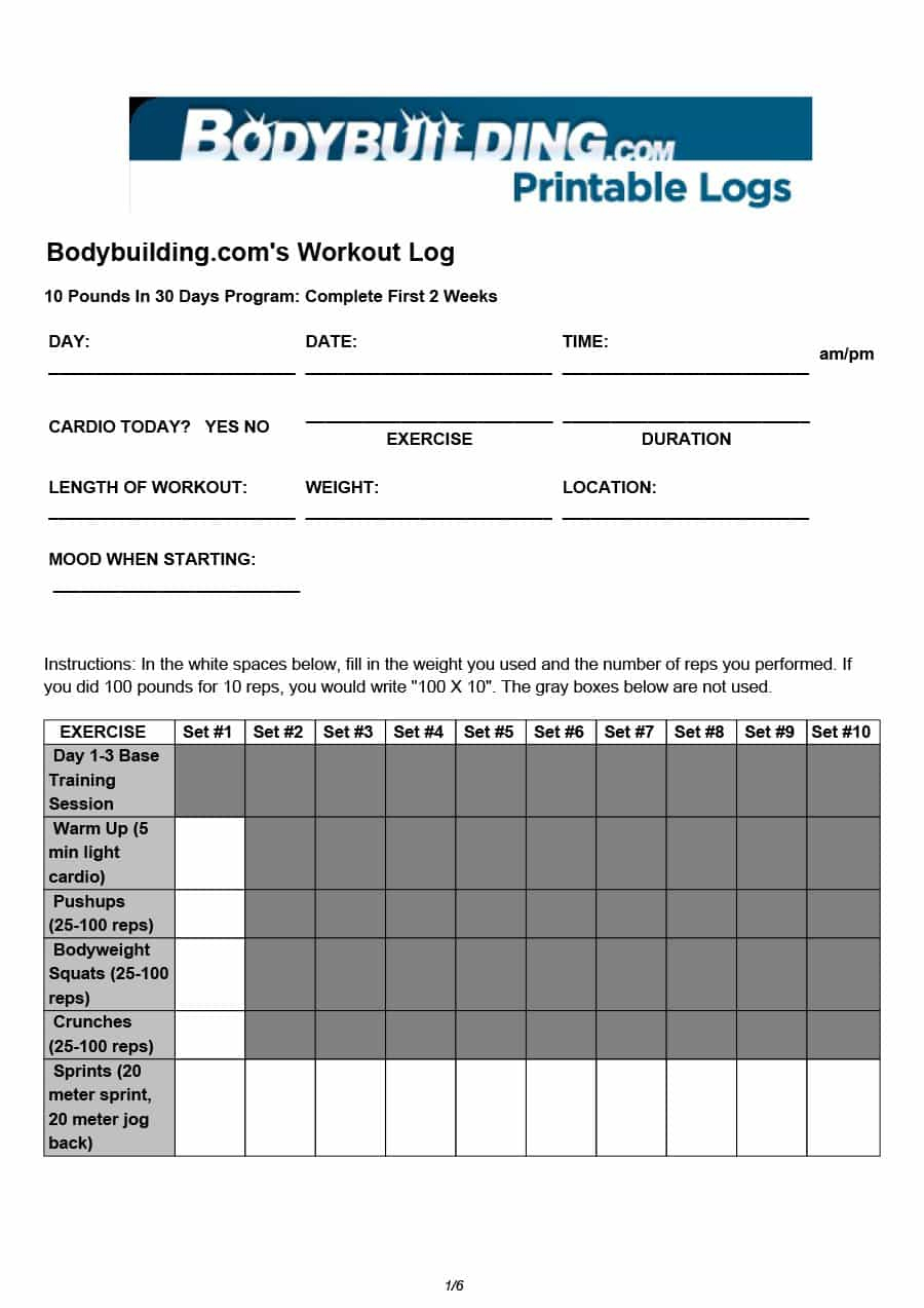 40+ Effective Workout Log &amp;amp; Calendar Templates ᐅ Template Lab - Free Printable Workout Log Template