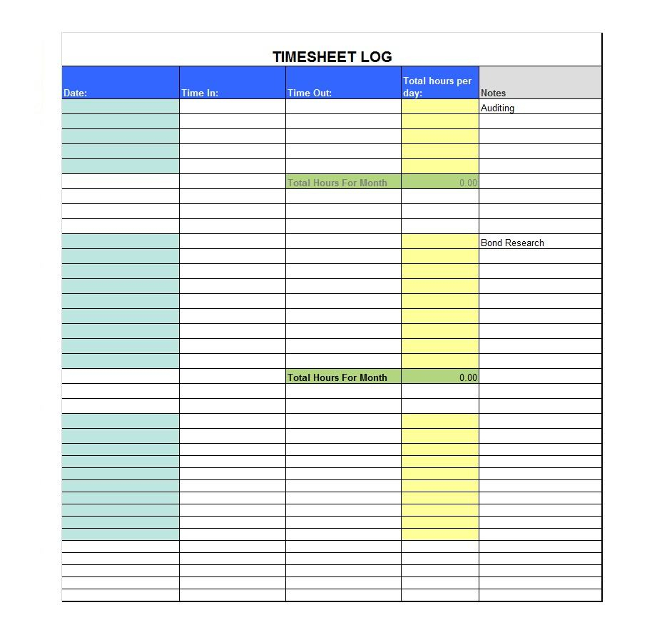 40 Free Timesheet / Time Card Templates ᐅ Template Lab - Monthly Timesheet Template Free Printable