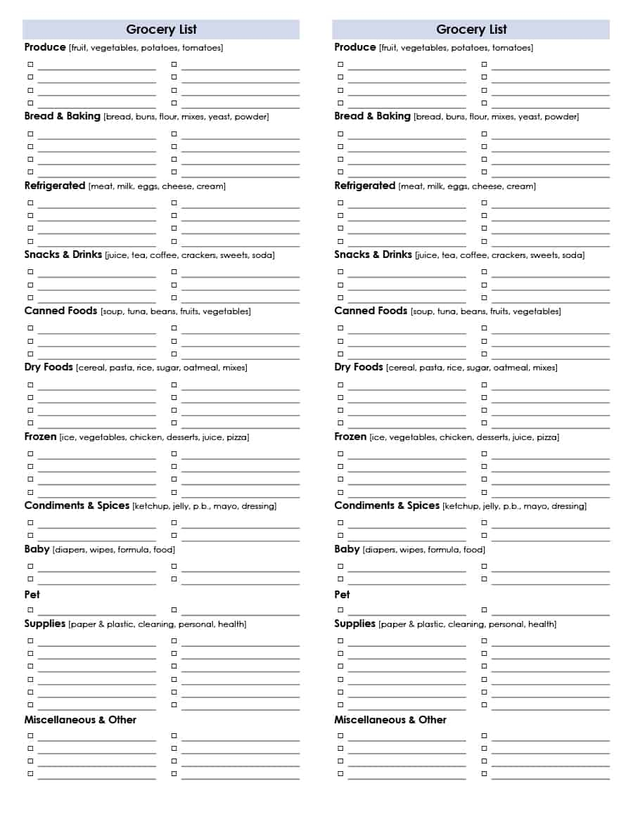 40+ Printable Grocery List Templates (Shopping List) - Template Lab - Free Printable Grocery List