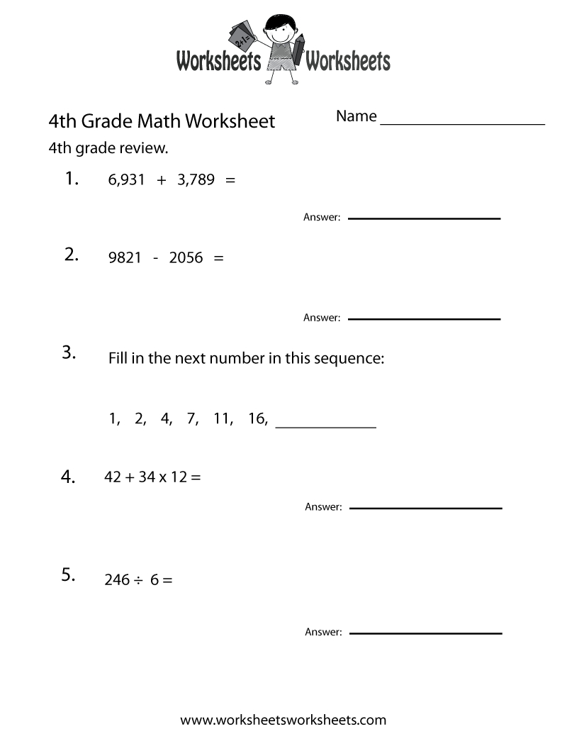 4Th Grade Math Review Worksheet - Free Printable Educational - Free Printable Worksheets For 4Th Grade