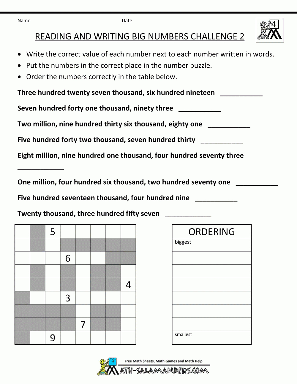 4Th Grade Math Worksheets Reading Writing Big Numbers 2 | M A T H (4 - Free Printable Fun Math Worksheets For 4Th Grade