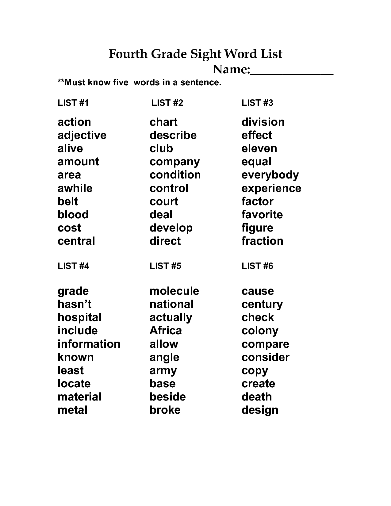 4th grade sight words common core