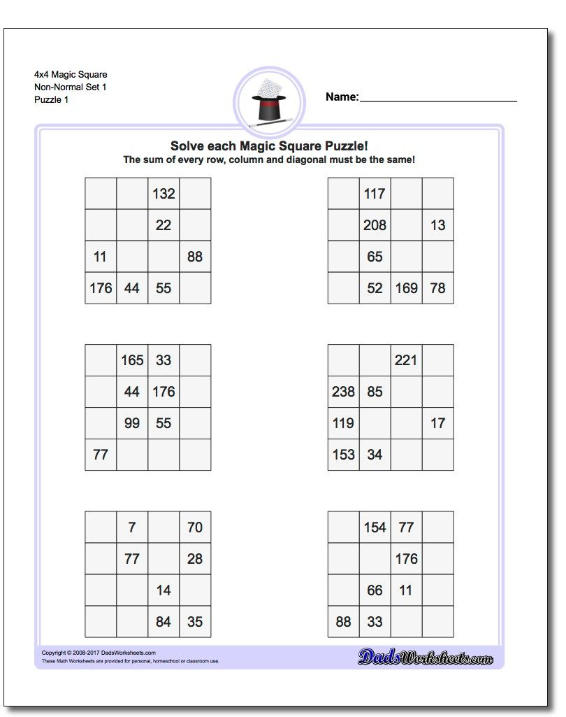 4X4 Magic Square Puzzles | Math Worksheets | Math Logic Puzzles - Free Printable Logic Puzzles