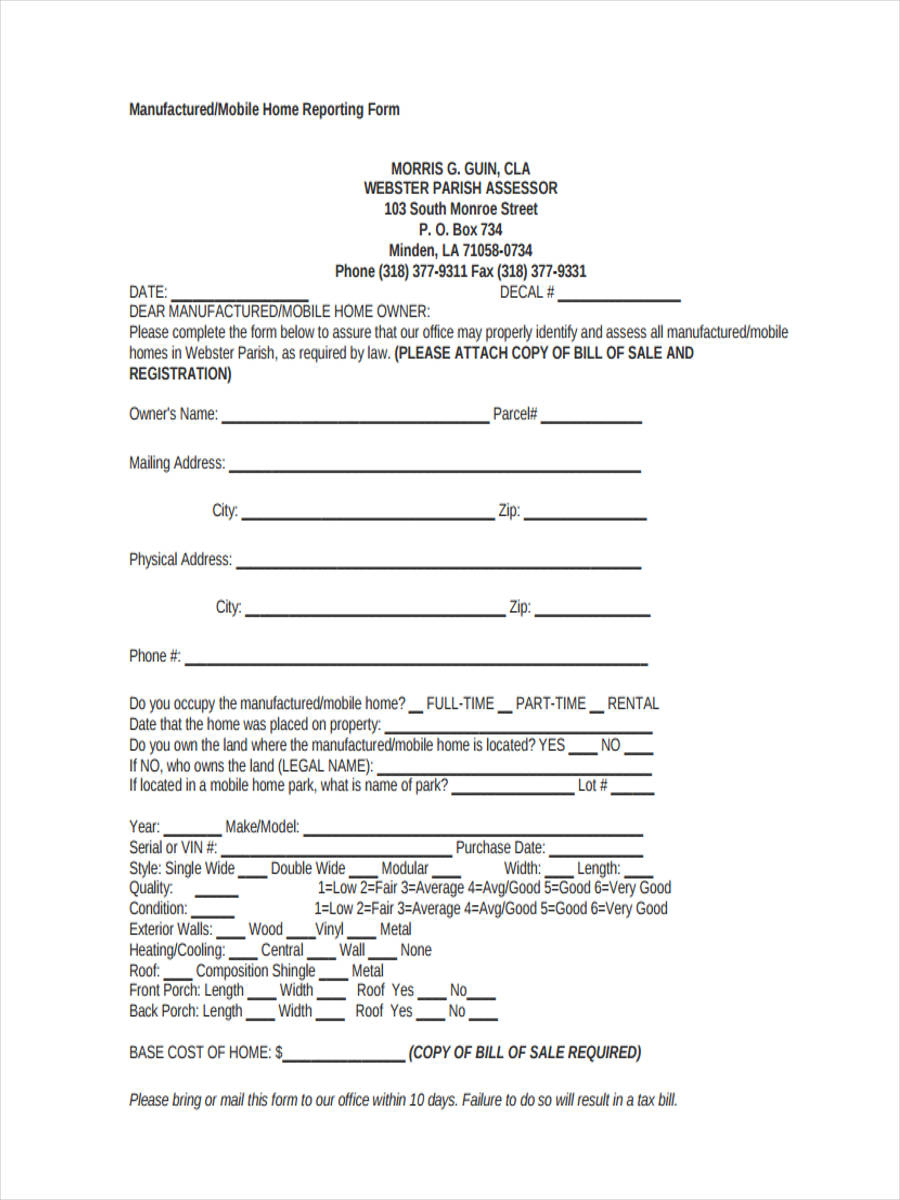 5+ Mobile Home Bill Of Sale Sample - Free Sample, Example Format - Free Printable Mobile Home Bill Of Sale