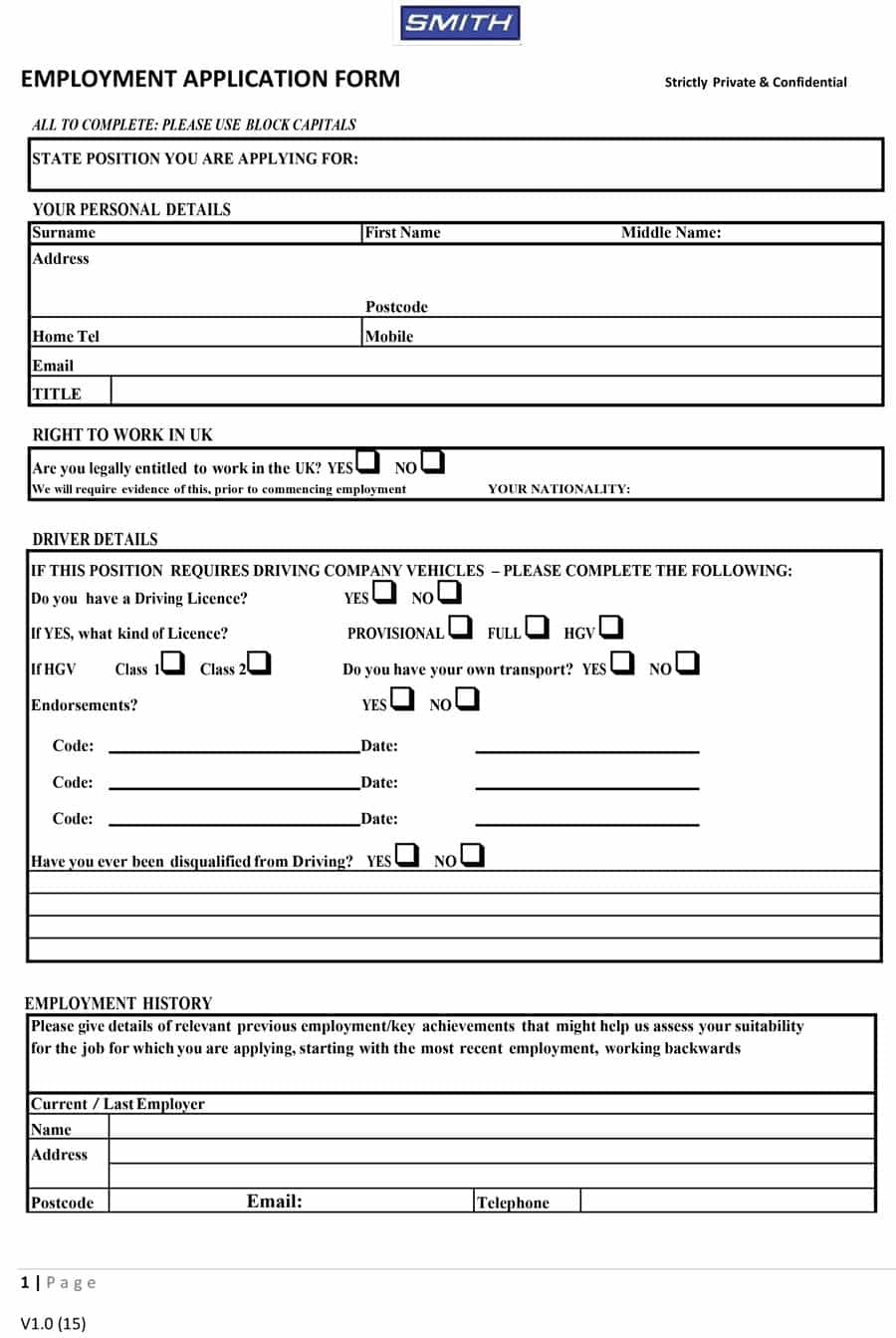50 Free Employment / Job Application Form Templates [Printable - Application For Employment Form Free Printable