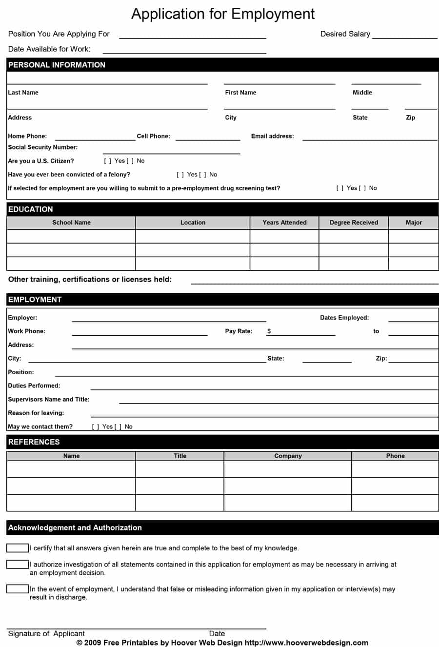 50 Free Employment / Job Application Form Templates [Printable - Application For Employment Form Free Printable