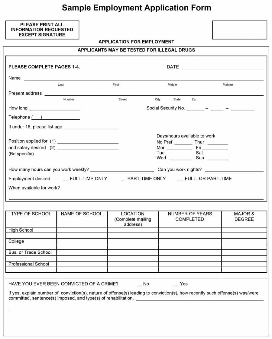 50 Free Employment / Job Application Form Templates [Printable - Free Printable Application For Employment Template