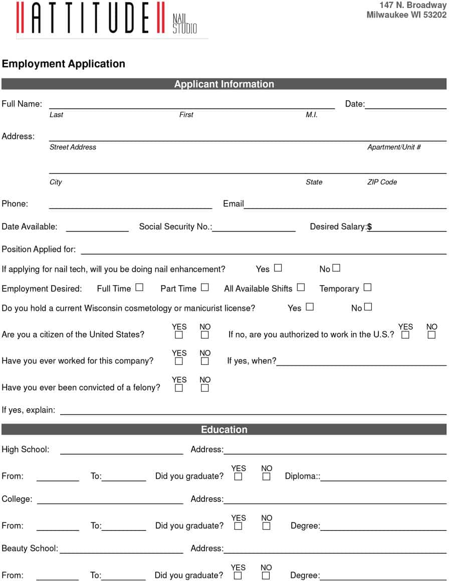 50 Free Employment / Job Application Form Templates [Printable - Free Printable Application For Employment Template