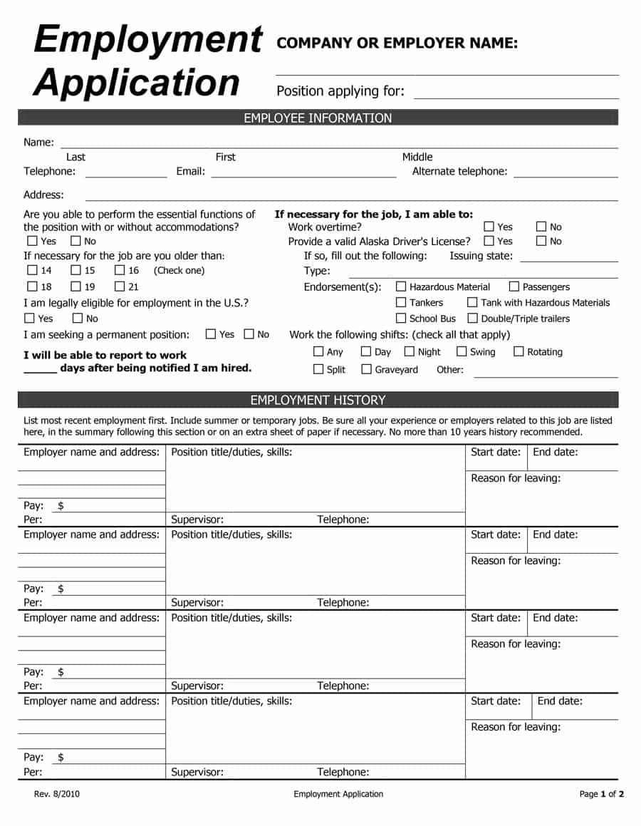 50 Free Employment / Job Application Form Templates [Printable - Free Printable Job Application Template