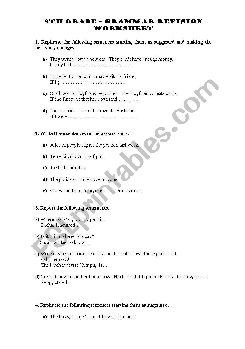 9Th Grade Grammar Revision Worksheet - Esl Worksheetolinda - 9Th Grade English Worksheets Free Printable