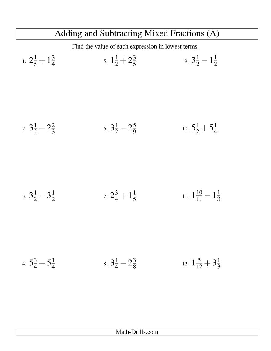 Adding And Subtracting Mixed Fractions (A) - Free Printable Mixed Addition And Subtraction Worksheets