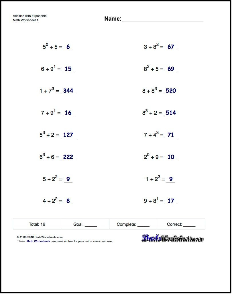 Adding Exponents Worksheets, Including Simple Problems Where - Free Printable Math Worksheets 6Th Grade Order Operations