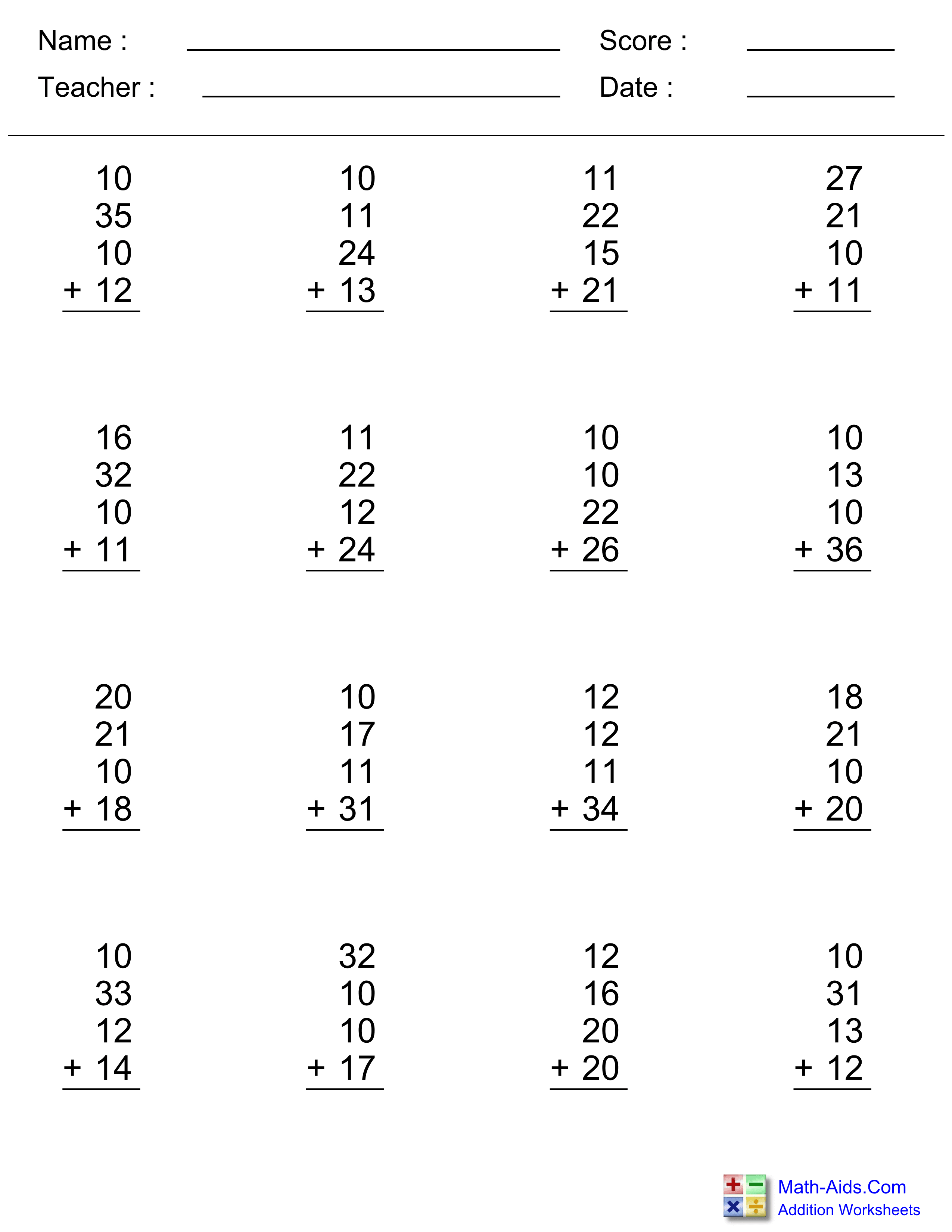 Addition Worksheets | Dynamically Created Addition Worksheets - Free Printable Two Digit Addition Worksheets