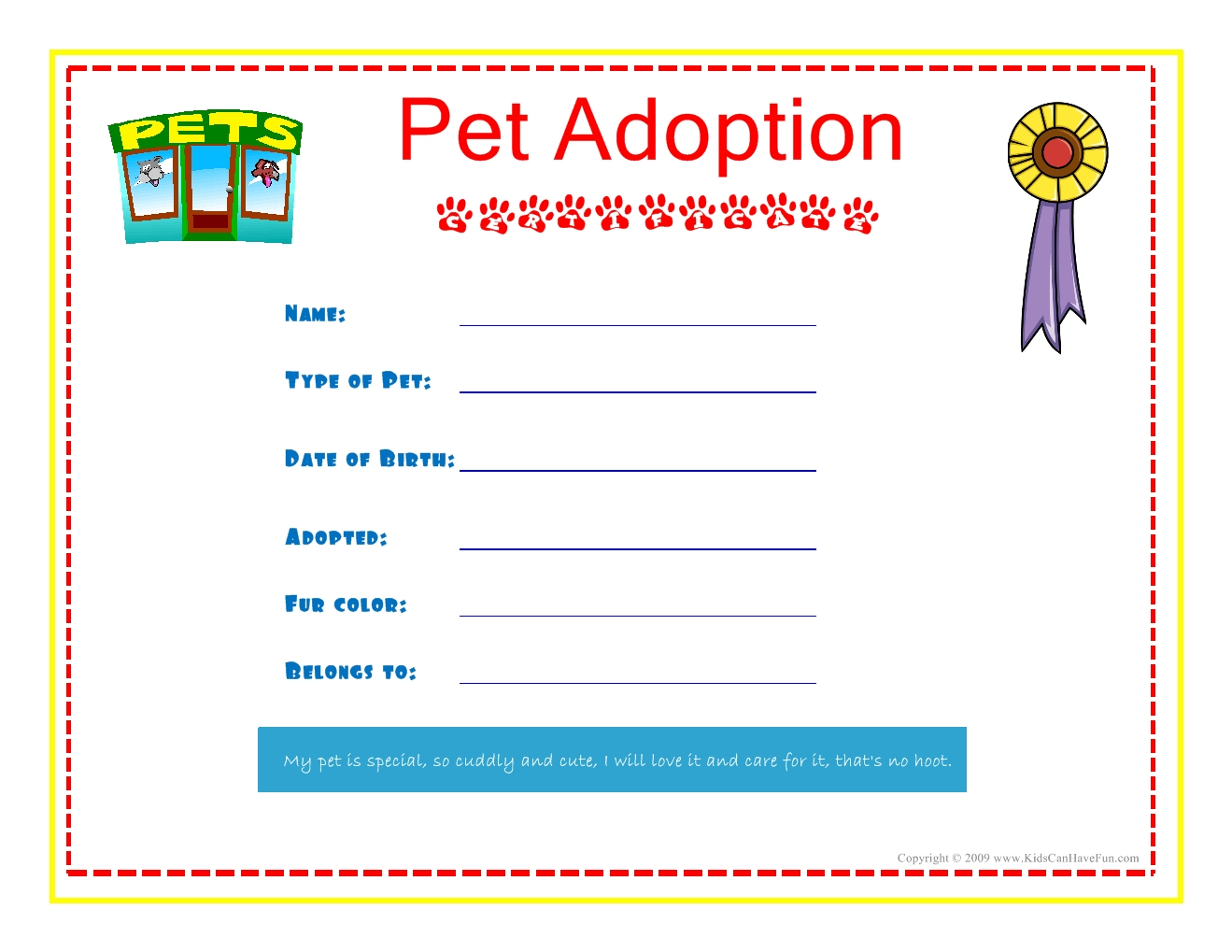 Adoption Certificate Template Fast Pet Adoption Certificate For The - Free Printable Stuffed Animal Adoption Certificate