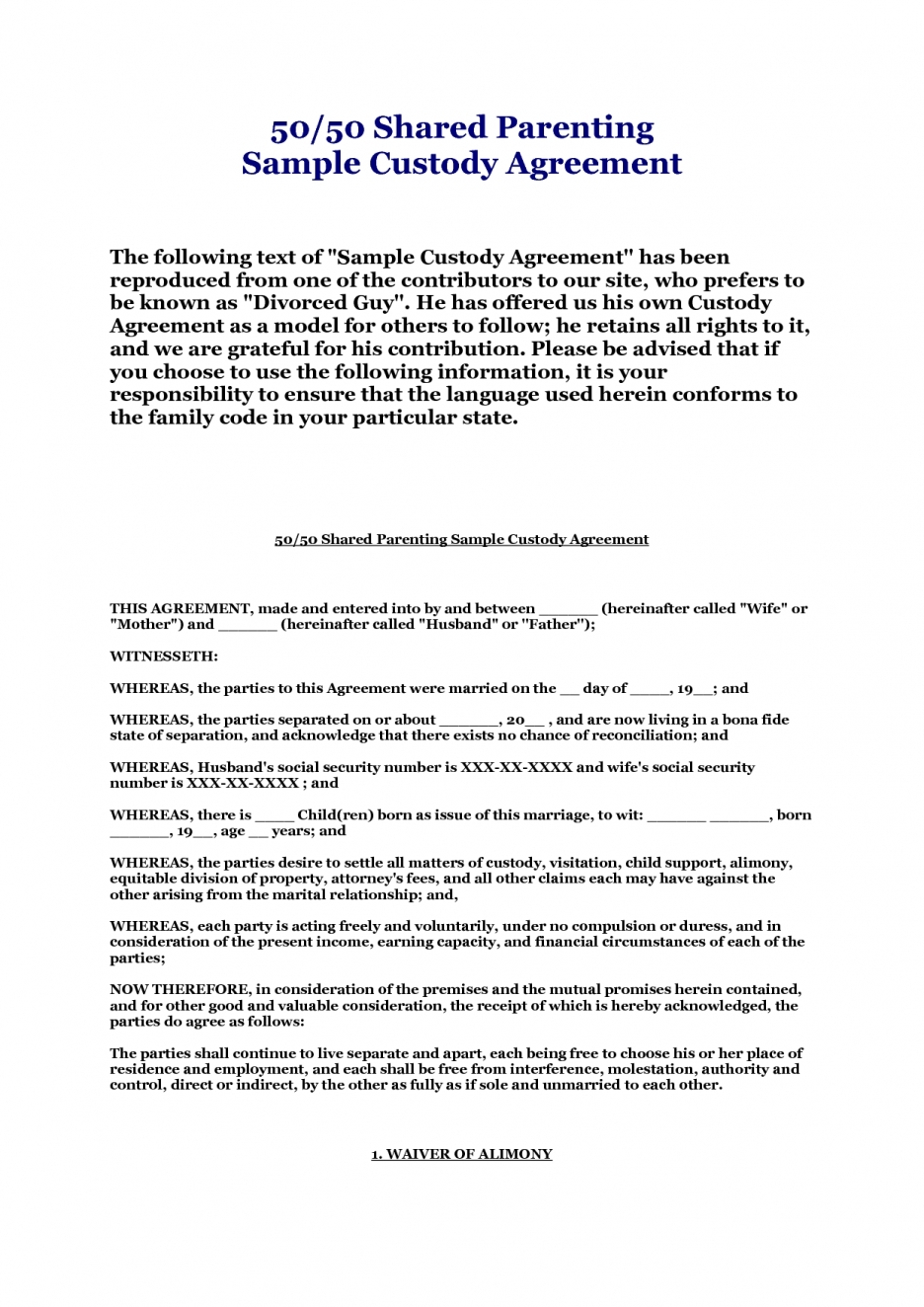 Agreement: Free Printables Joint Custody Agreement Form. Joint - Free Printable Child Custody Papers