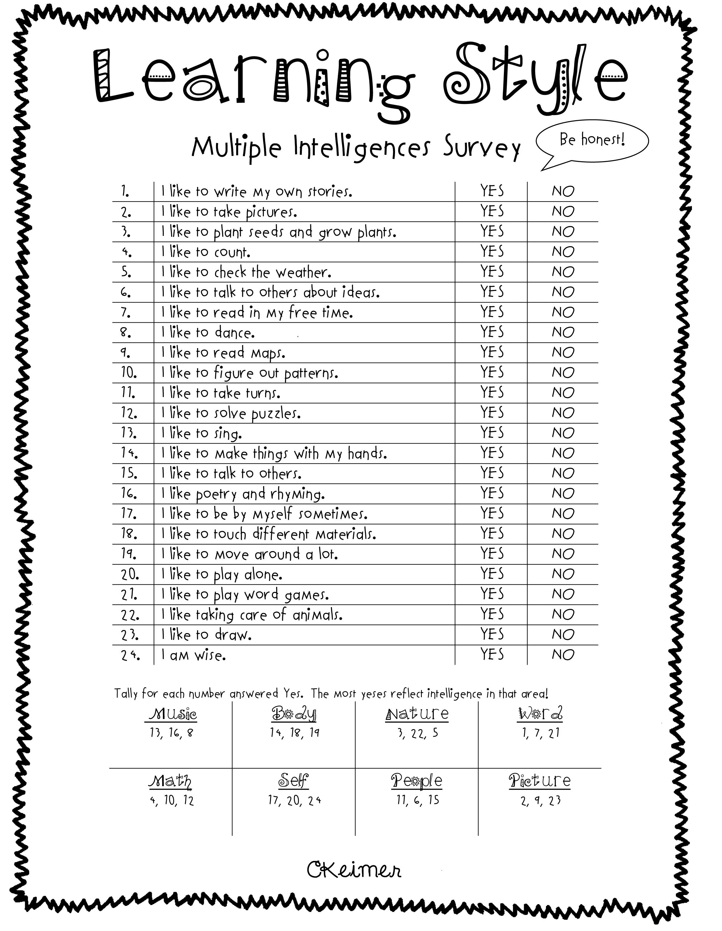 All About Me Activities: A Multiple Intelligences Assessment | Some - Free Learning Style Inventory For Students Printable