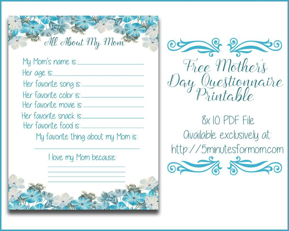 All About My Mom Questionnaire - Free Printable For Mother&amp;#039;s Day - Free Printable Mothers Day Questions