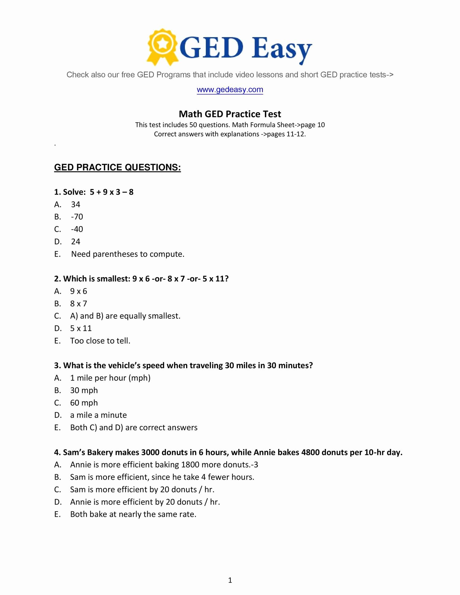 Asvab Math Worksheets - Briefencounters Worksheet Template Samples - Free Ged Practice Test 2016 Printable