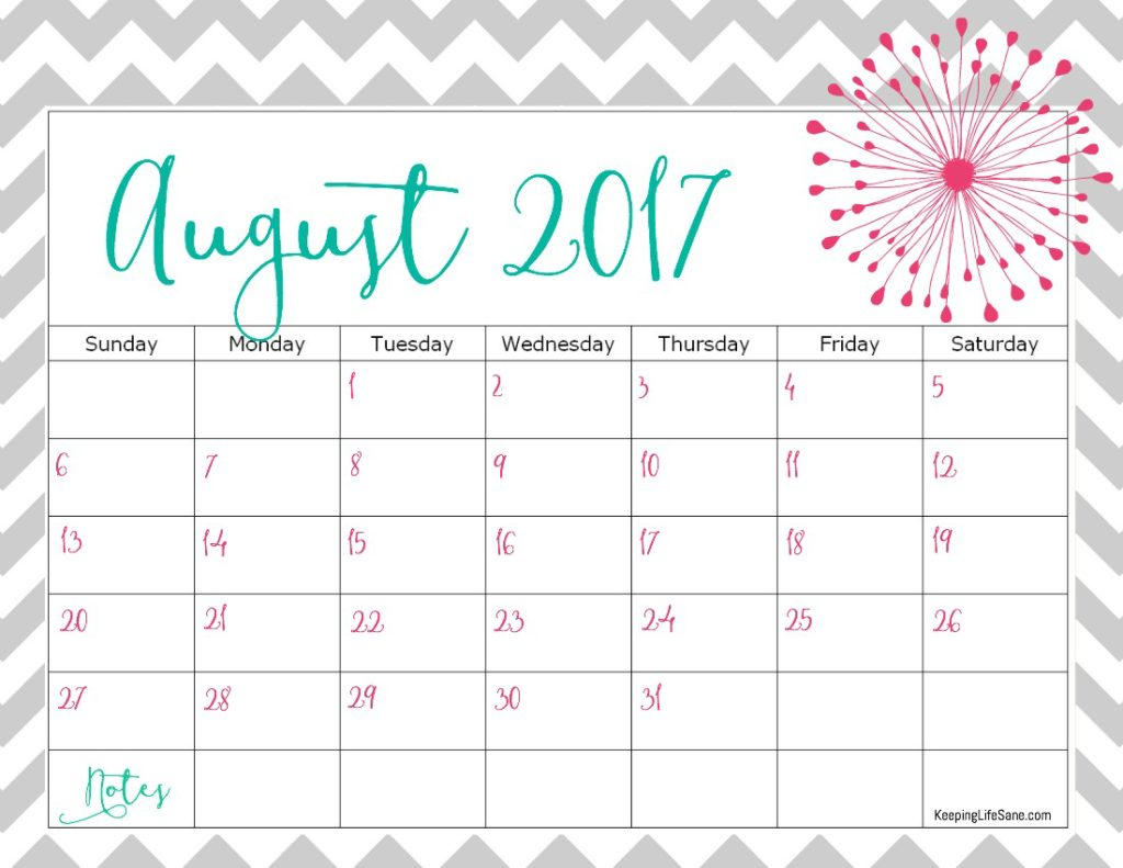 August 2017 Calendar Printable Cute | Hauck Mansion - Free Printable August 2017