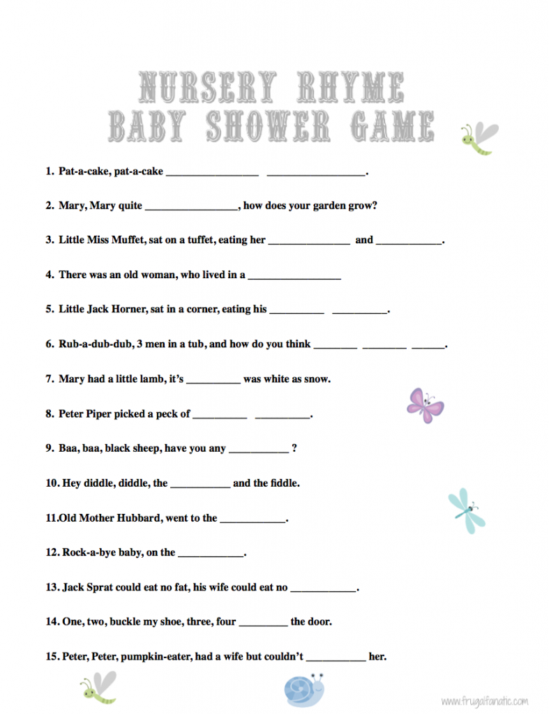 Baby Shower Games: Nursery Rhyme - Frugal Fanatic - Free Printable Nursery Rhymes Songs