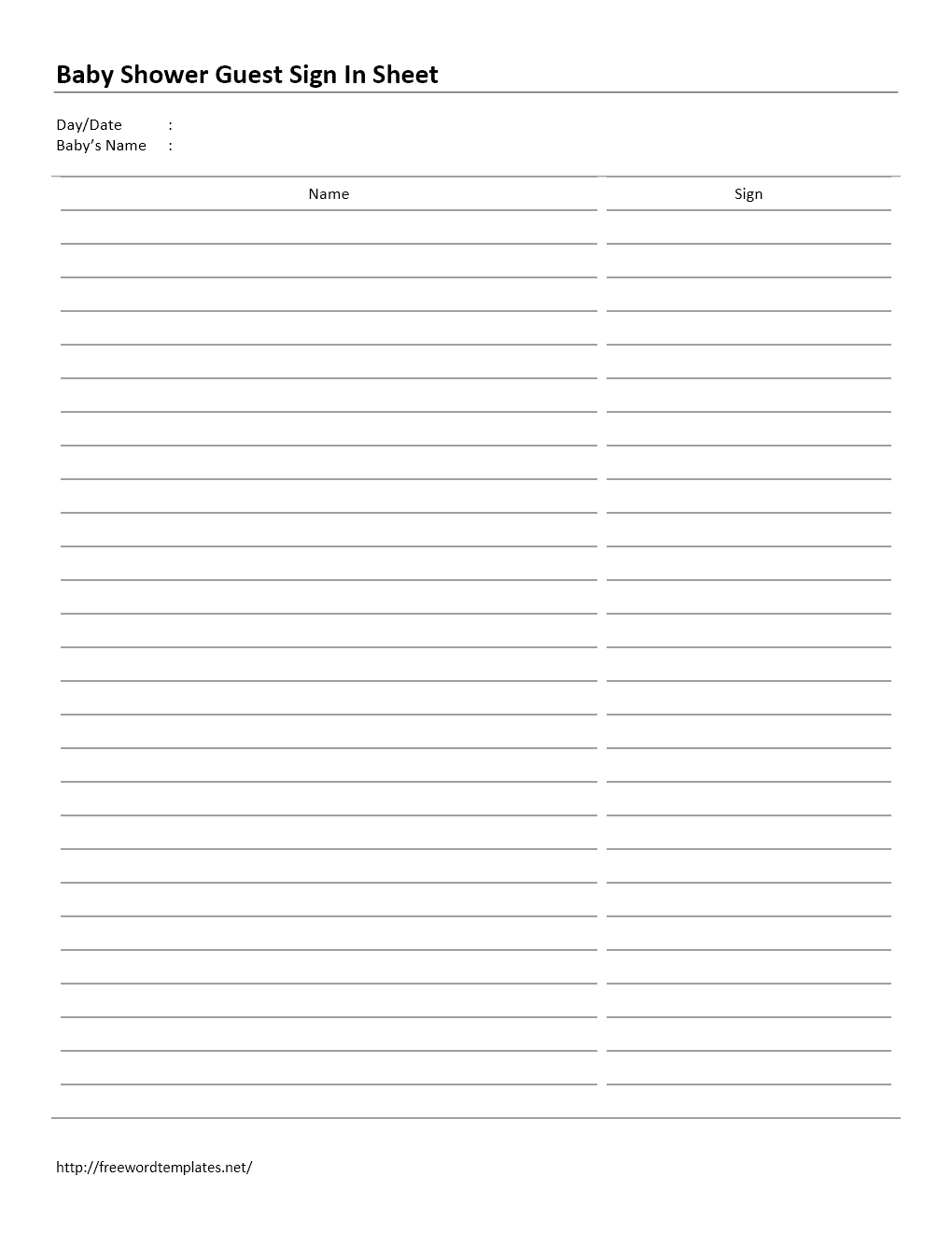 Baby Shower Guest Sign In Sheet - Free Printable Birthday Guest List