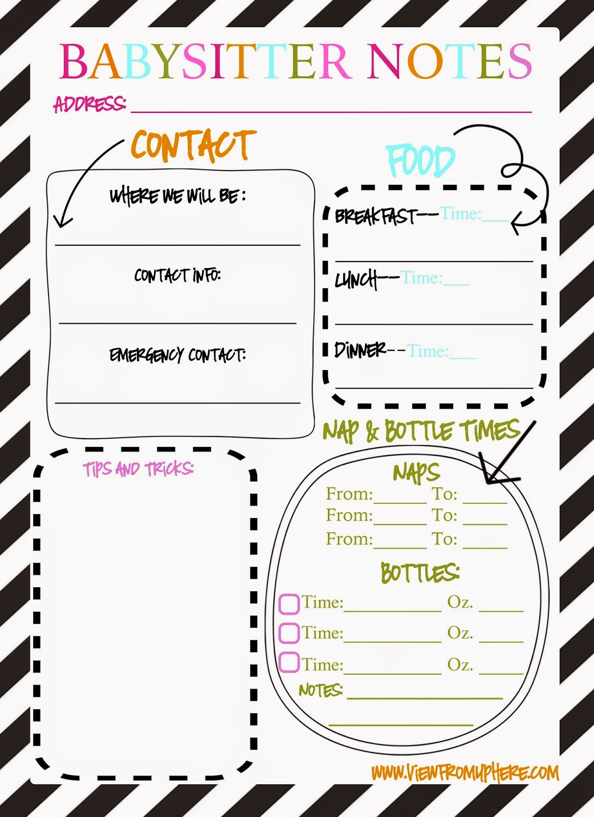 Babysitter Notes--Printable | The View From Up Here - Babysitter Notes Free Printable