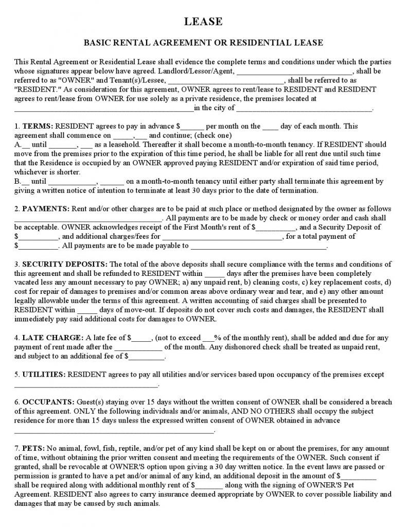 Basic Rental Agreement Or Residential Lease | Rental Info In 2019 - Free Printable Basic Rental Agreement