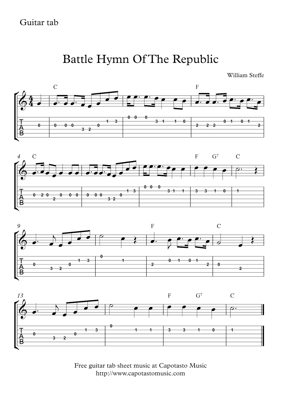 Battle Hymn Of The Republic Free Guitar Tab Sheet Music | Sheet - Free Guitar Sheet Music For Popular Songs Printable