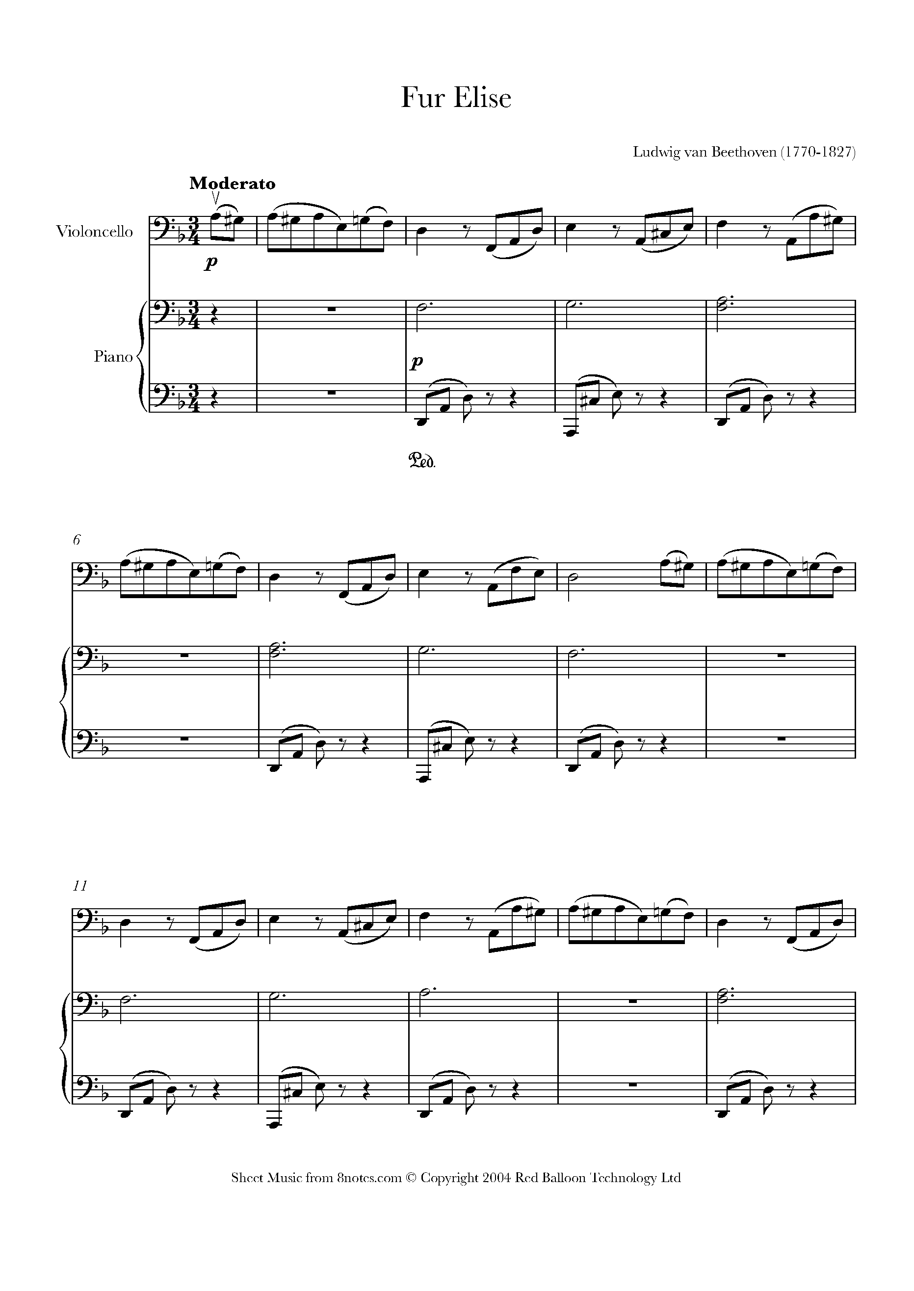 Beethoven - Fur Elise Sheet Music For Cello - 8Notes - Free Printable Piano Sheet Music Fur Elise