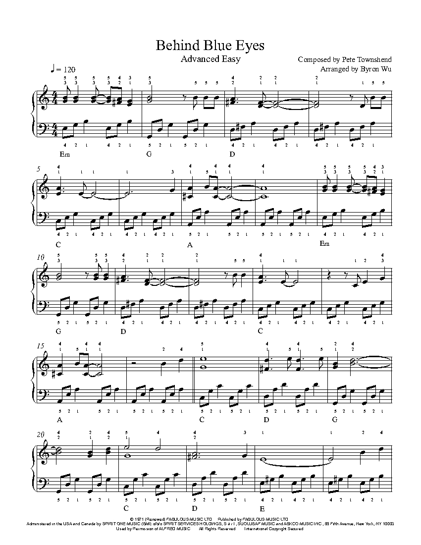 Behind Blue Eyesthe Who Piano Sheet Music | Advanced Level - Free Printable Sheet Music For Piano Beginners Popular Songs