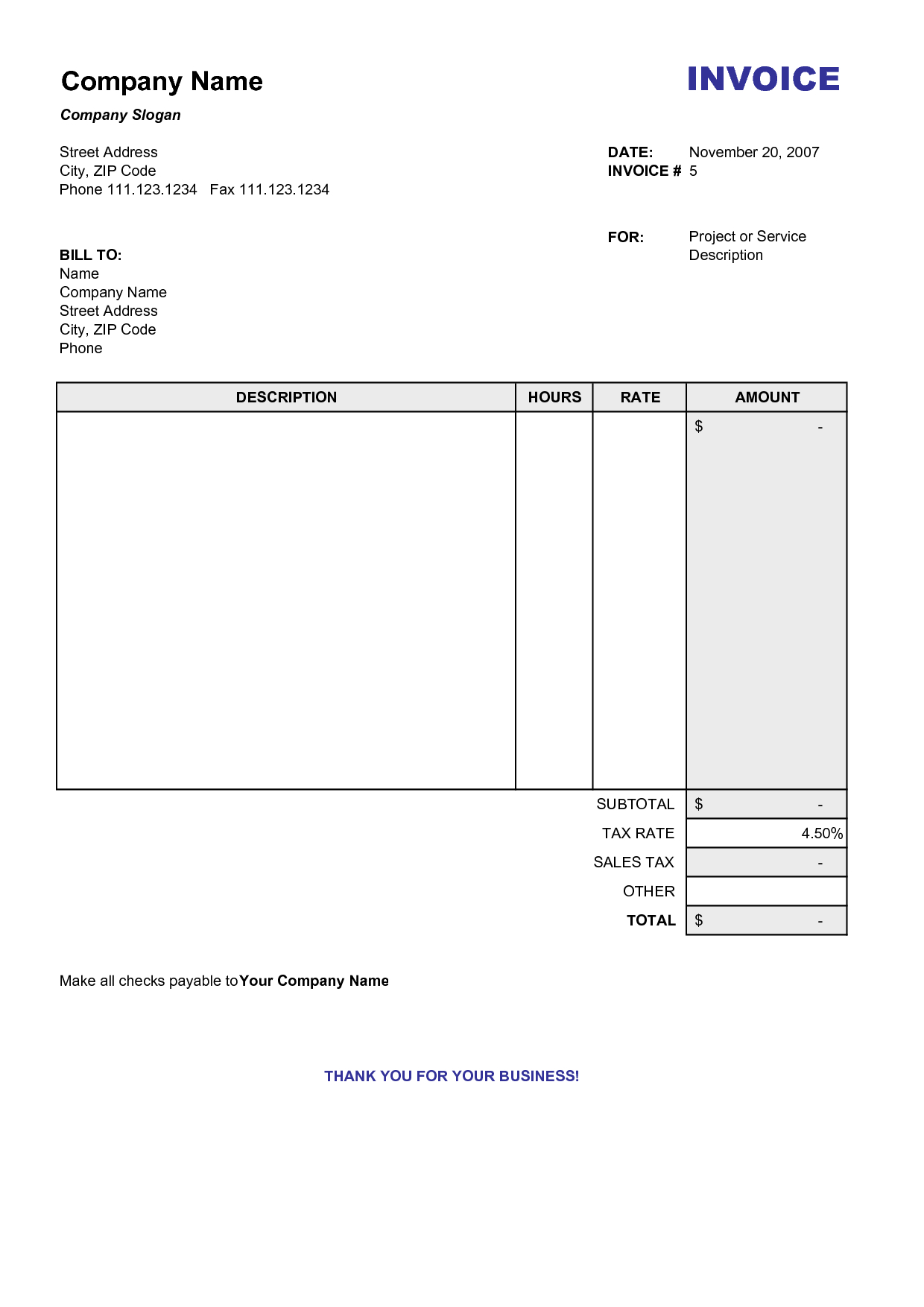 Blank Billing Invoice | Scope Of Work Template | Organization - Free Bill Invoice Template Printable