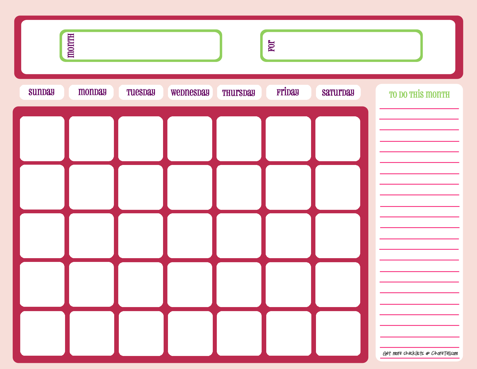 Blank Month Calendar - Pinks - Free Printable Downloads From - Free Printable To Do Charts