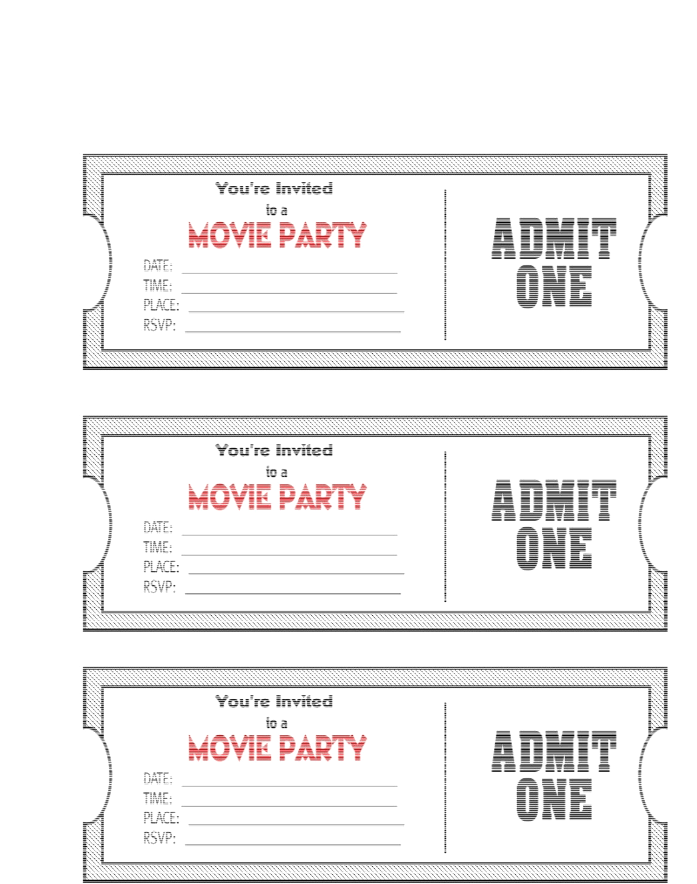 Blank Movie Ticket Invitation Template | Escort, Place Cards And - Free Printable Ticket Invitations