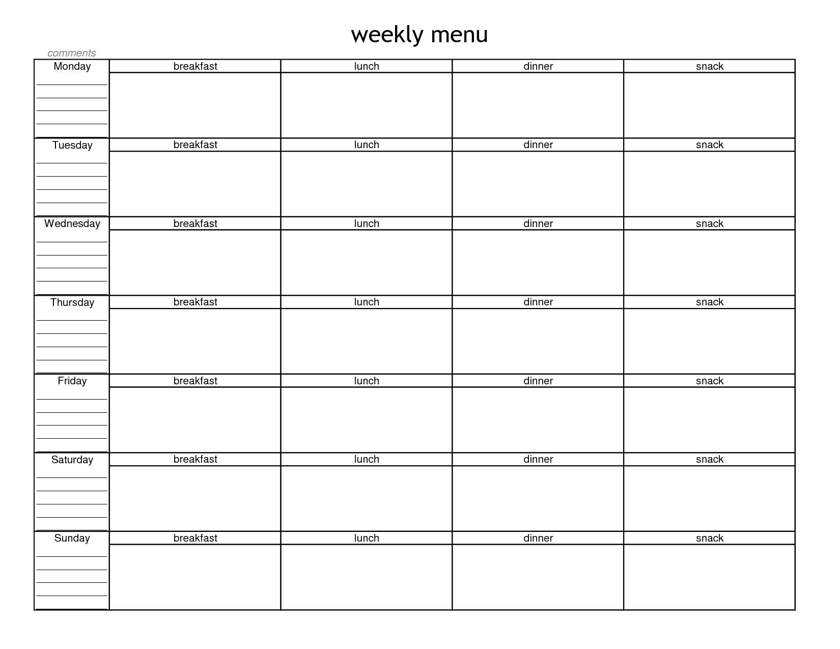 Blank Weekly Menu Planner Template | Menu Planning | Meal Planner - Free Printable Weekly Meal Planner