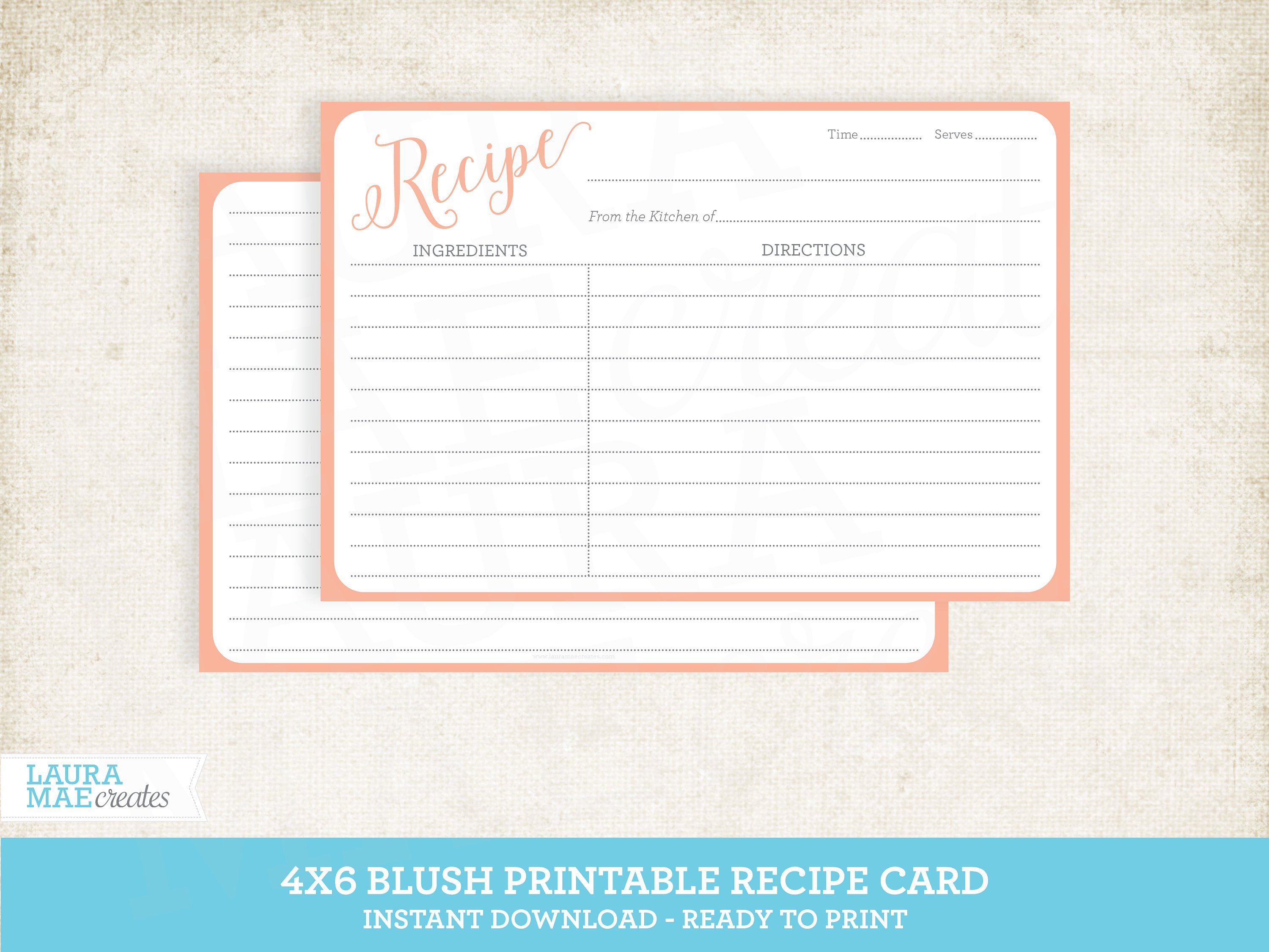 Blush 4X6 Printable Recipe Card Editable Recipe Card Free | Etsy - Free Printable Photo Cards 4X6