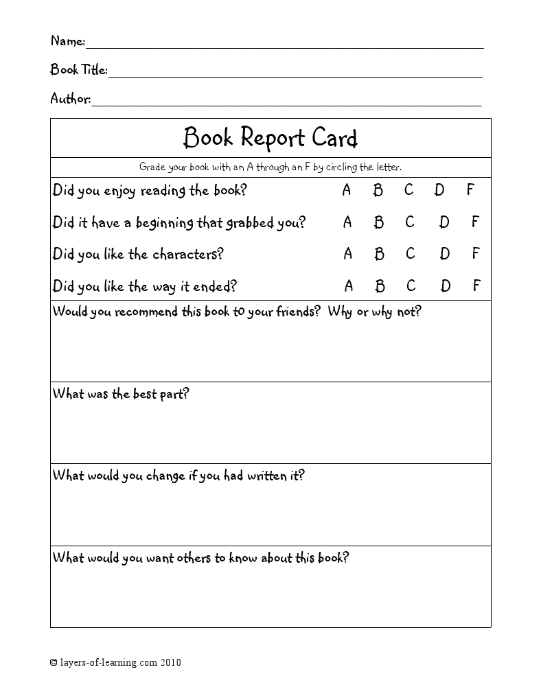 Book Report Cards | Homeschool | Book Report Templates, Book Review - Free Printable Grade Cards