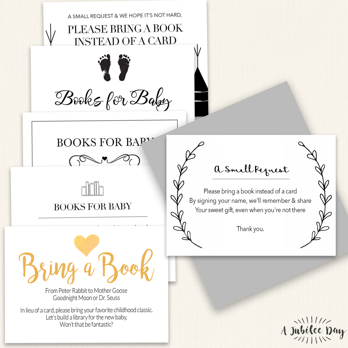 Bring Book Request Card (6 Designs!) - A Jubilee Day - Bring A Book Instead Of A Card Free Printable