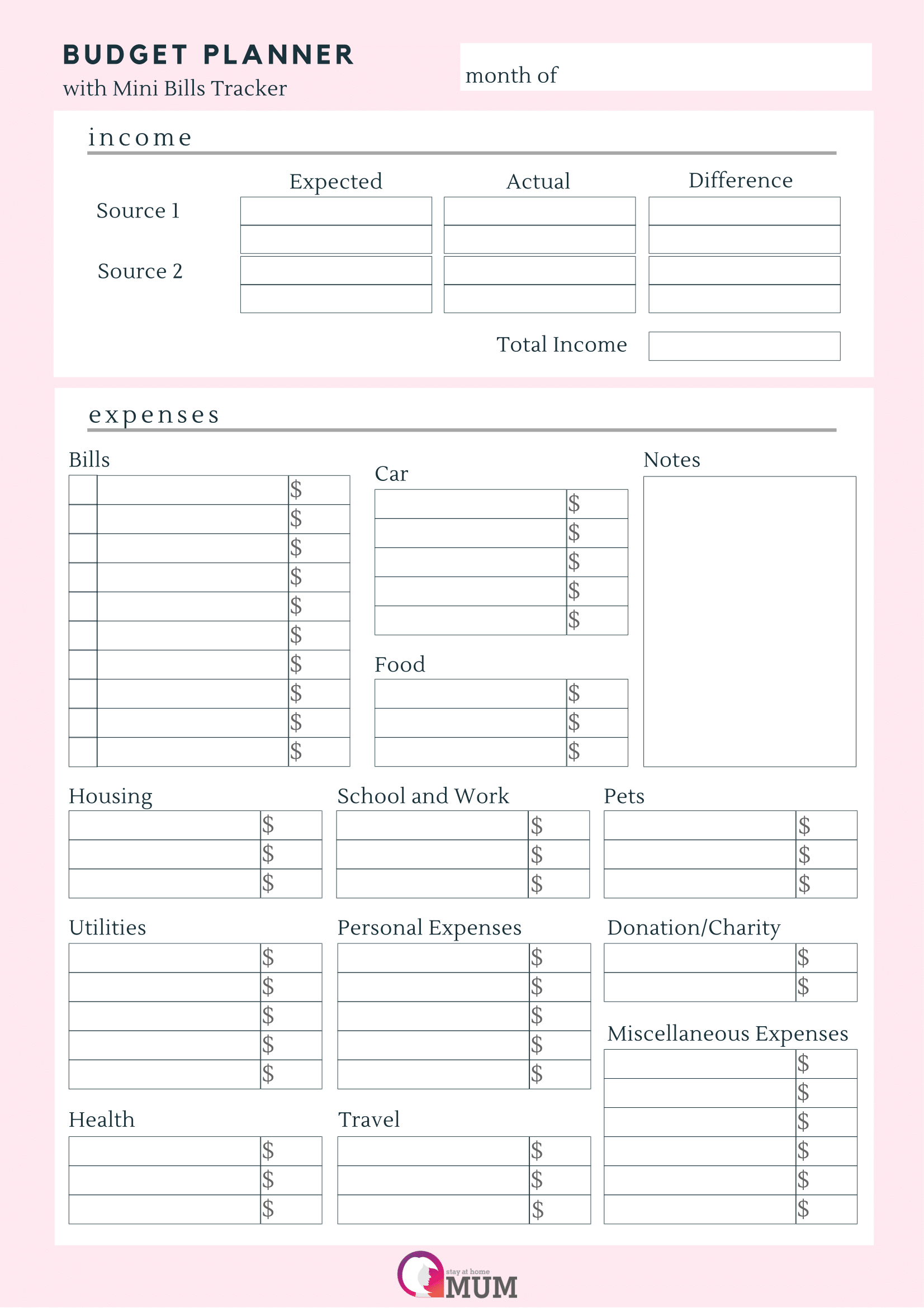 Budget Planner With Mini Bills Tracker - Stay At Home Mum | Articles - Free Printable Budget Planner