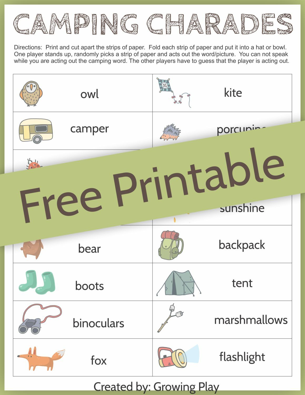 Camping Charades Game For Kids - Free Printable | Camping | Games - Free Printable Charades Cards