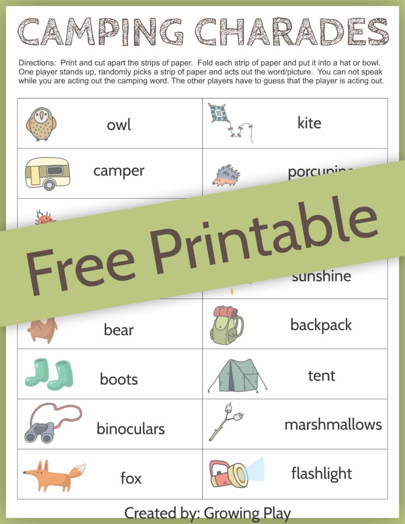 Camping Charades Game For Kids - Free Printable - Growing Play - Free Printable Camping Games