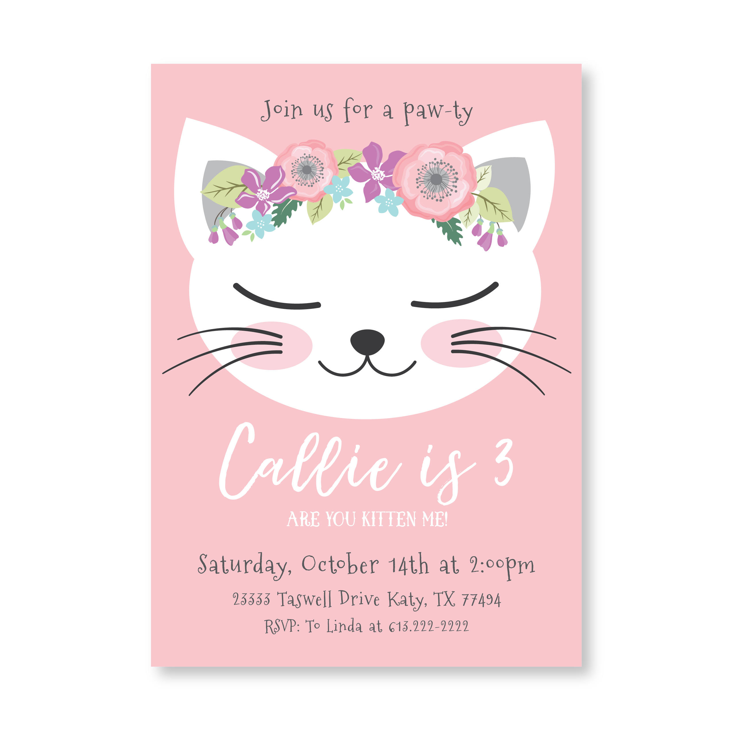 Cat Birthday Party Invitation, Kitten, Cat Birthday Girl Printable - Free Printable Kitten Birthday Invitations