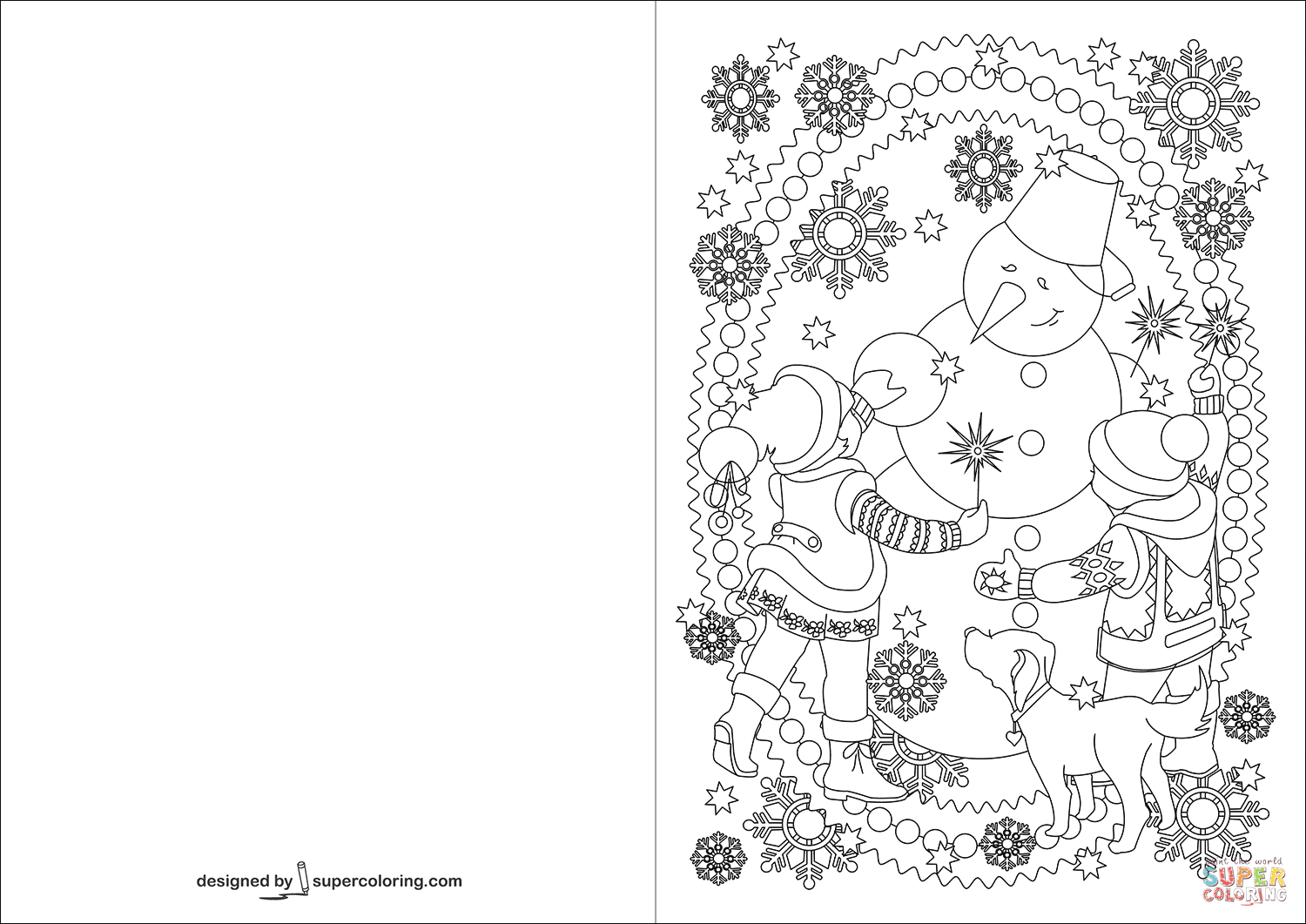 Children And Snowman Are Celebrating Happy New Year Card Coloring - Free Printable Happy New Year Cards