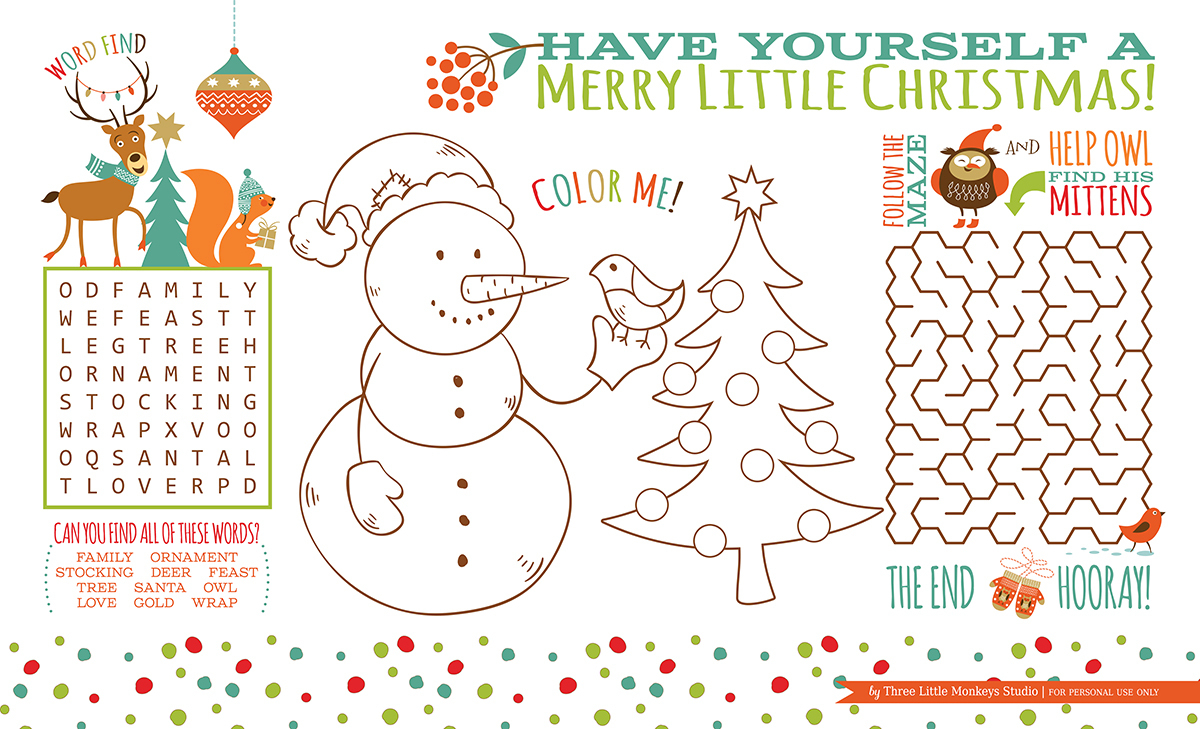 Christmas Activity Placemat (Free Printable} - Three Little Monkeys - Free Printable Christmas Placemats For Adults
