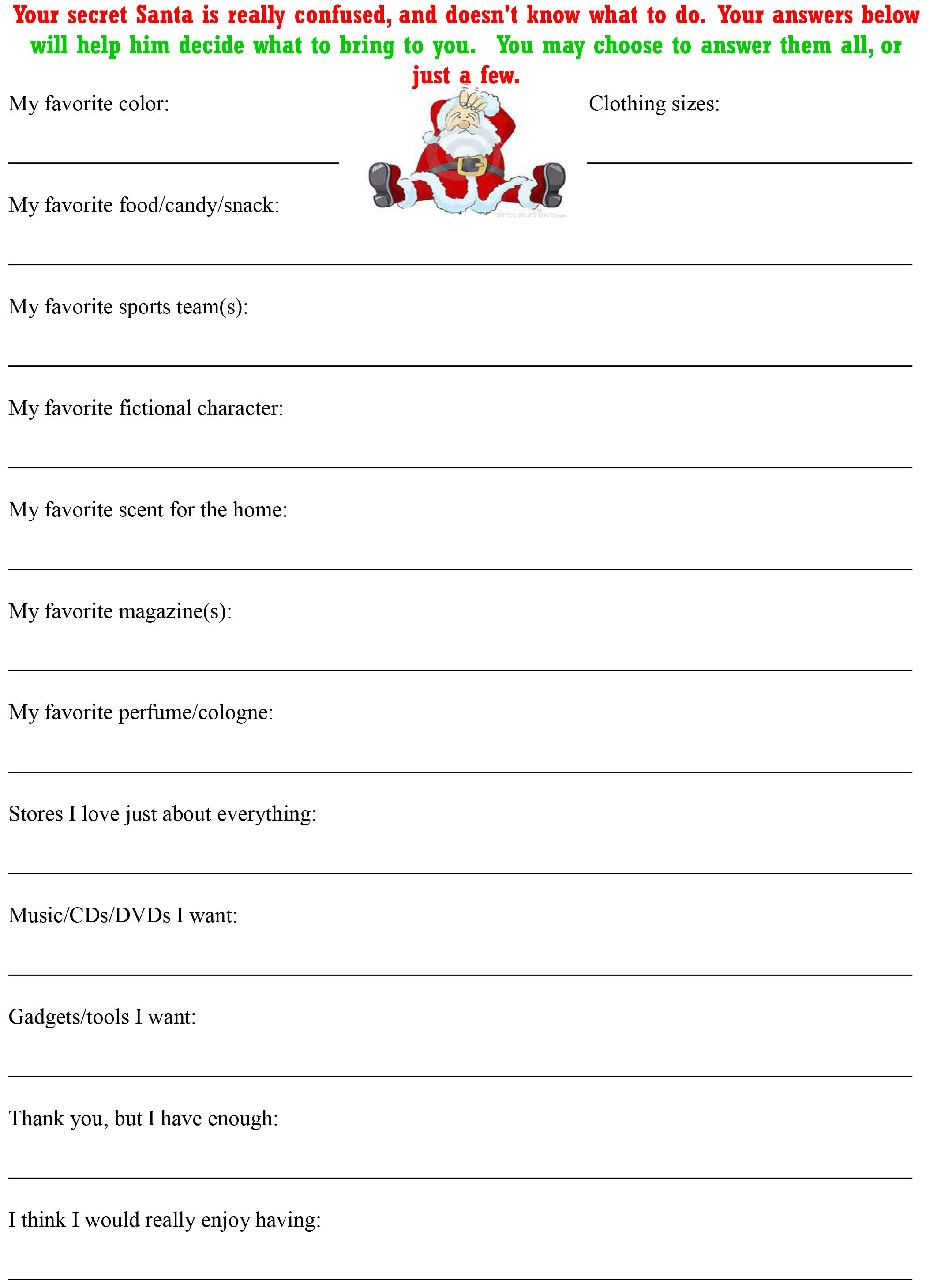 Christmas Secret Santa Questionnaire | Christmas Crafts | Pinterest - Free Printable Secret Pal Forms