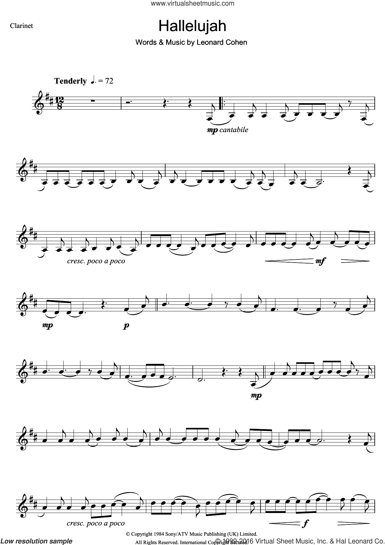 Cohen - Hallelujah Sheet Music For Clarinet Solo V2 - Free Printable Piano Sheet Music For Hallelujah By Leonard Cohen